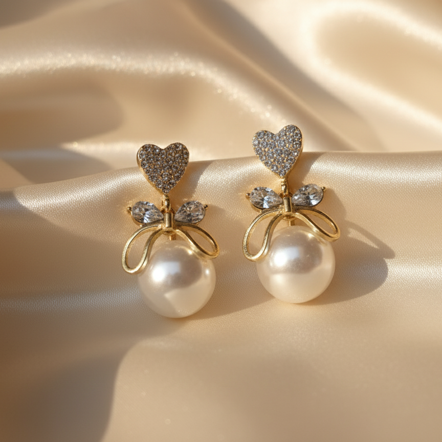 Pearl Heart Bow Drop Earrings