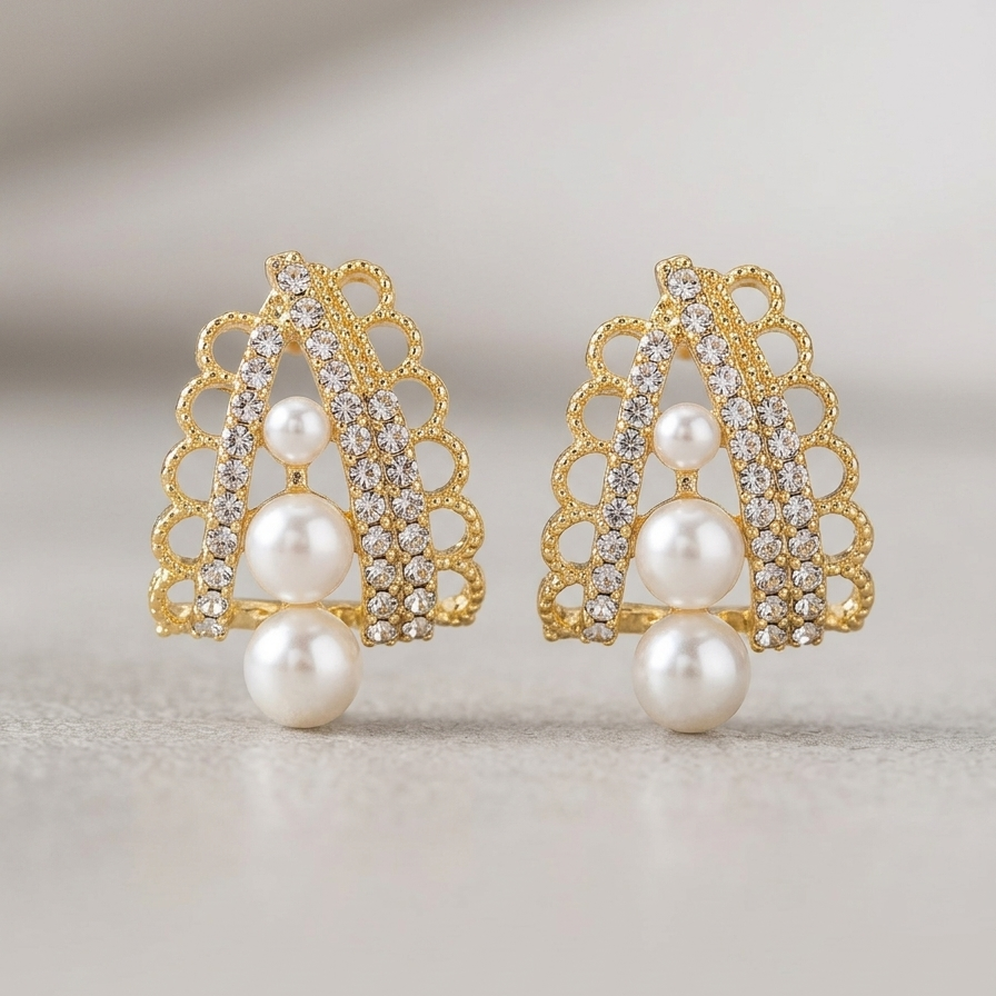 Golden earrings with pearls on a light background