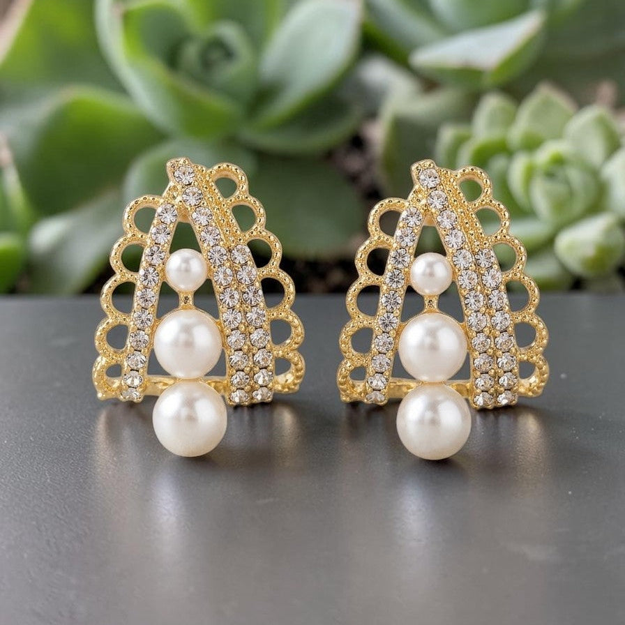 Golden earrings with pearls on a dark surface with succulents in the background