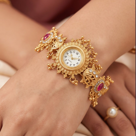 A close-up of a woman's hand and wrist wearing an ornate gold-tone bracelet watch with a round white dial, floral scrollwork, and red gemstone accents. A matching pearl-and-gold ring is also visible on the other hand against a soft warm-toned background.