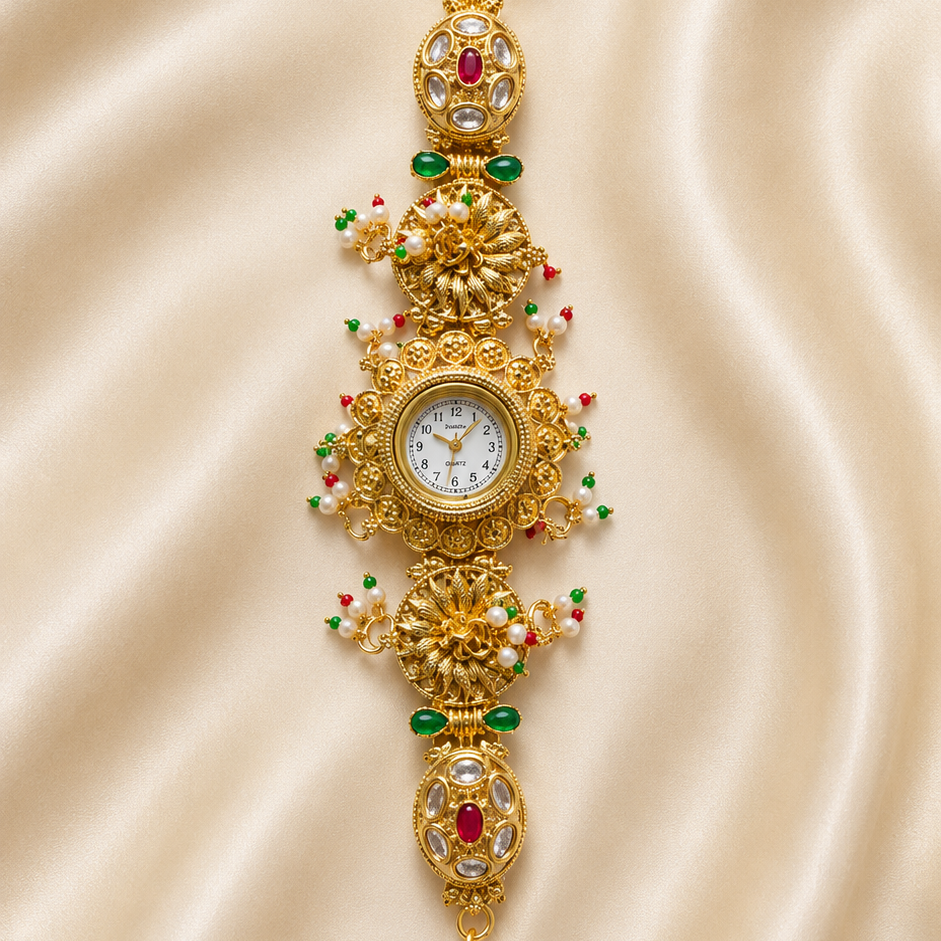 An ornate gold-plated wrist watch with a central round dial, decorated with intricate floral engravings, small red and green gemstones, and a delicate chain at the top, displayed on a beige satin fabric background.