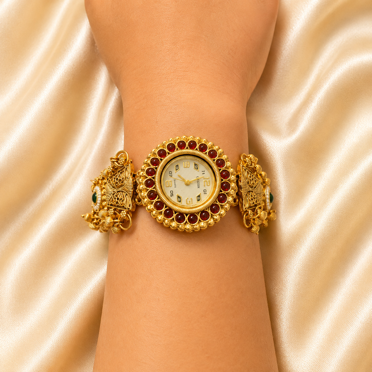 A gold-toned traditional-style wristwatch with a round dial, surrounded by red gemstone accents and decorative side elements, shown worn on a person's wrist against a satin fabric background.