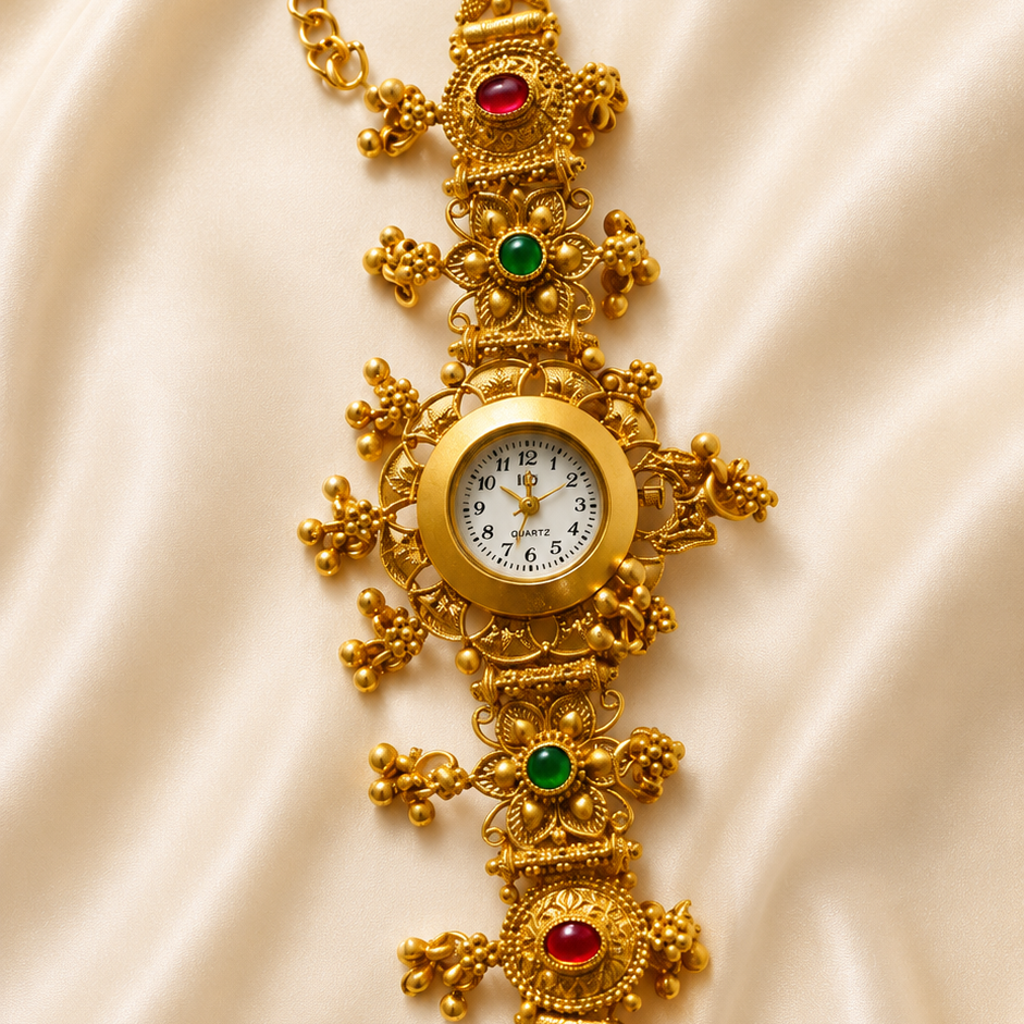 An ornate gold watch with a circular dial and decorative filigree details, accented with red and green gemstones, displayed on a draped cream satin fabric background.