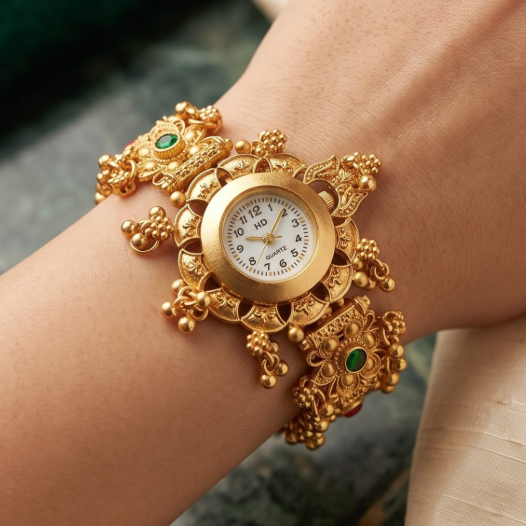 A close-up of a gold-toned ornate watch with a round white dial and green stone accents, worn on a person's wrist.
