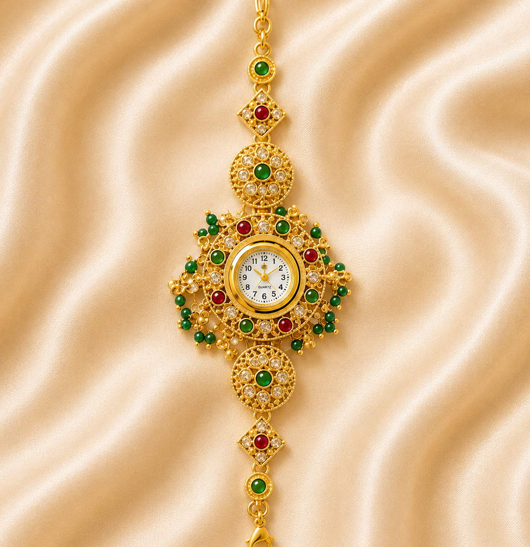 An ornate gold pendant watch with a round white dial, surrounded by green and red gemstones, displayed on a beige satin fabric background.