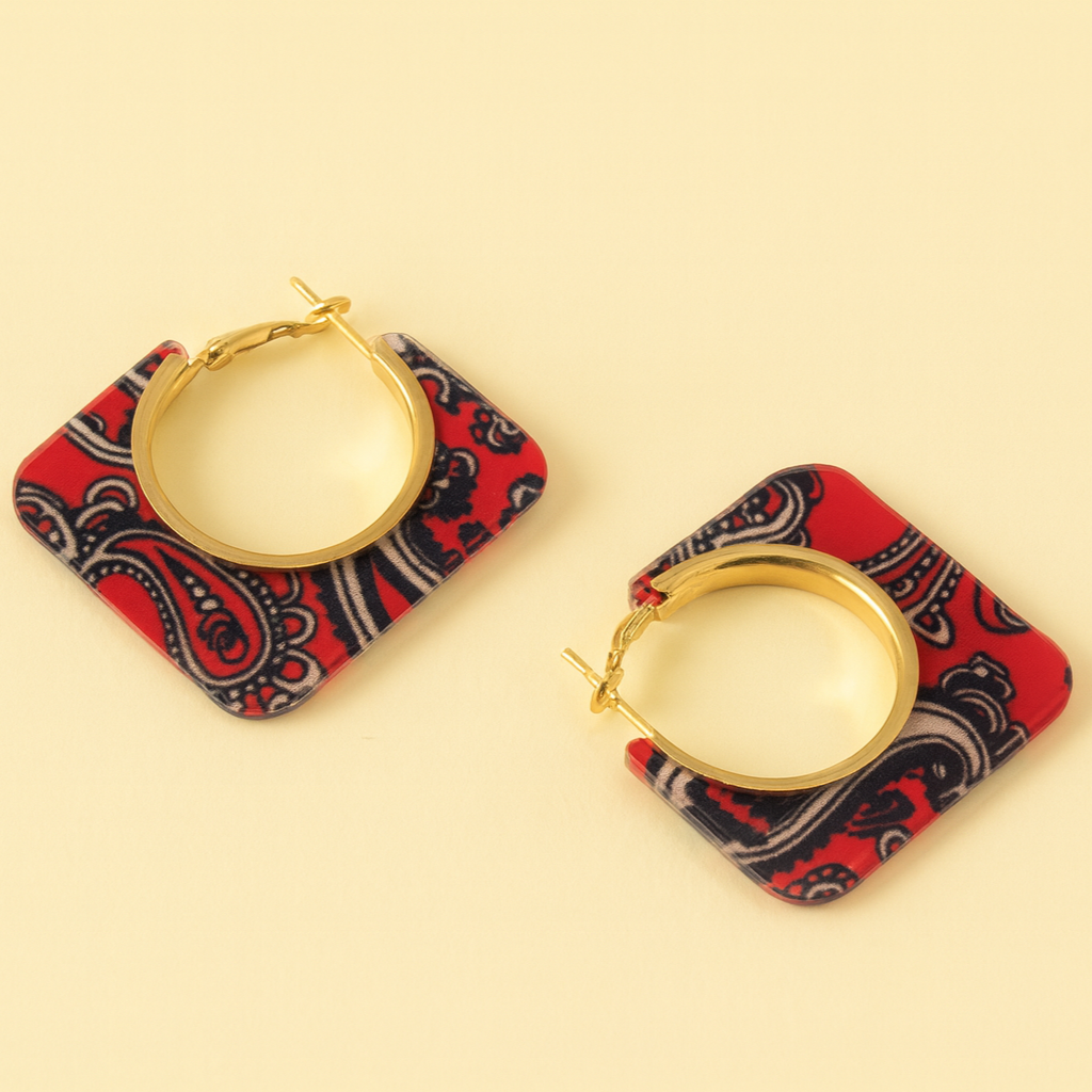 Red Paisley Square Hoop Earrings