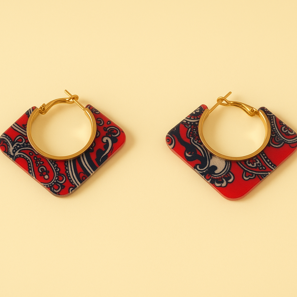 Red Paisley Square Hoop Earrings