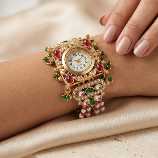 An ornate gold wristwatch with red and green gemstone accents and a pearl-embellished band, shown worn on a person's wrist with a hand resting nearby against a soft beige satin background.
