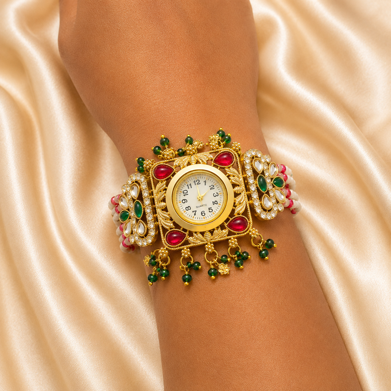 An ornate gold-toned cuff watch with red and green gemstone accents and white crystal-like stones, shown worn on a person's wrist against a draped champagne satin background.