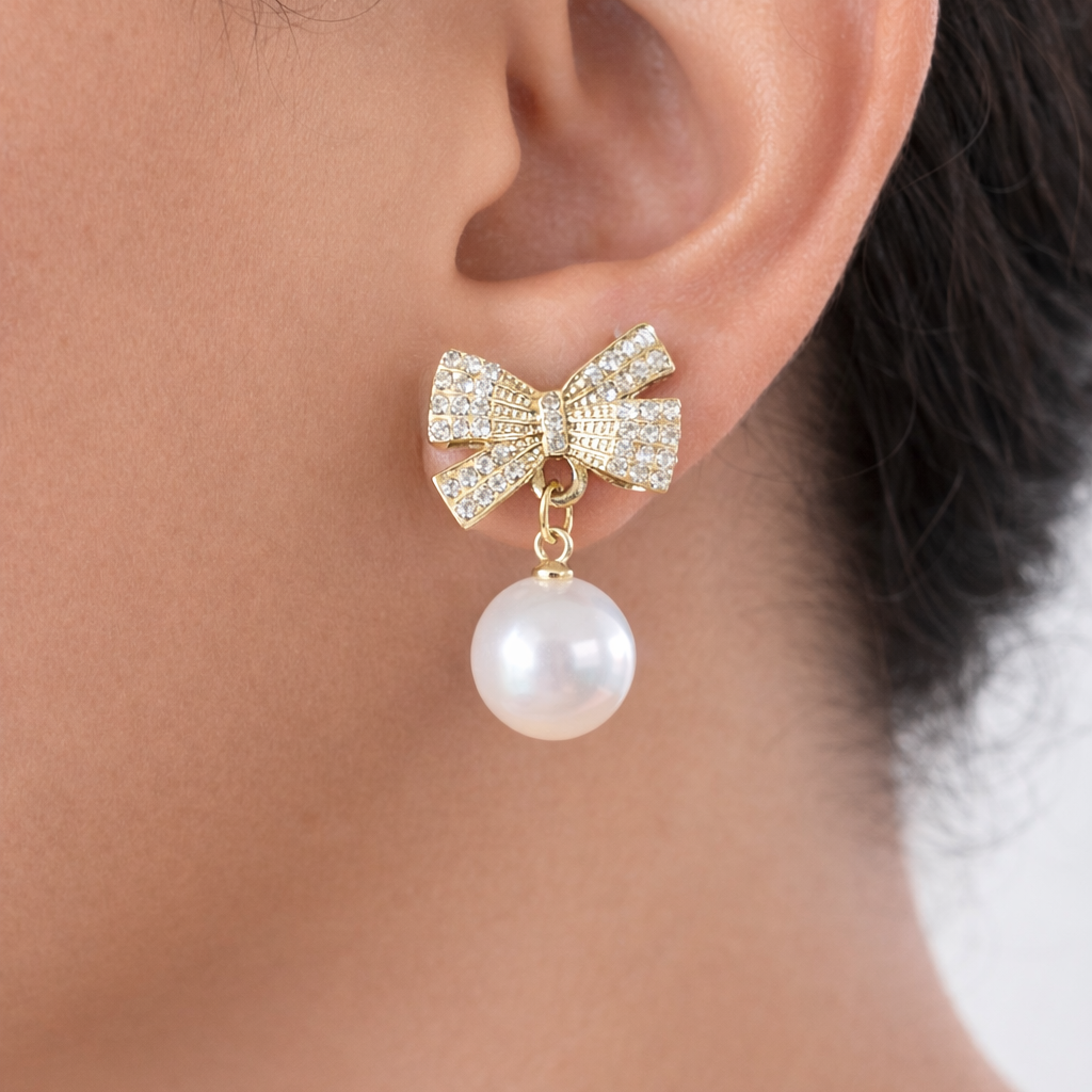 Ruby Bow Pearl Drop Earrings
