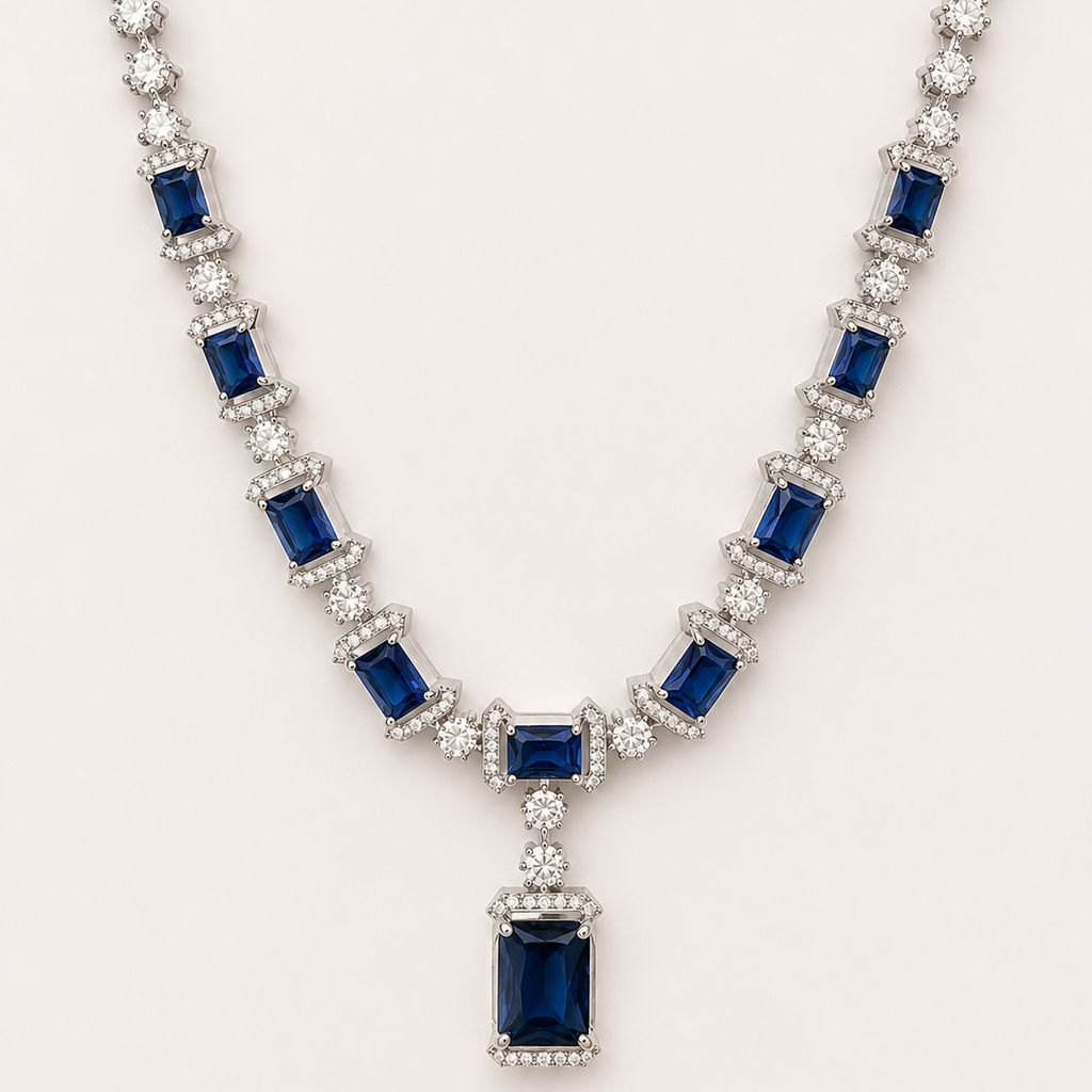 Elegant necklace with blue gemstones and diamonds on a white background