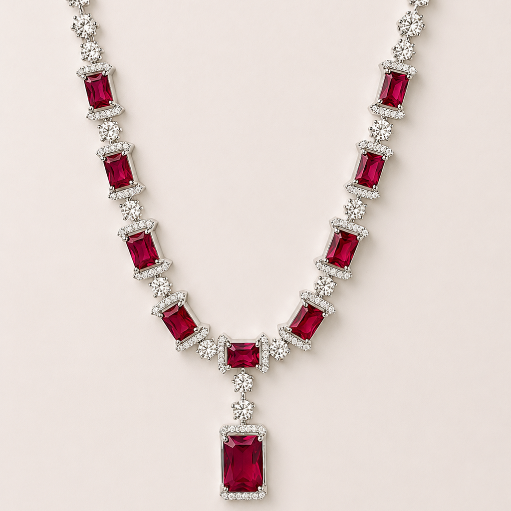 Necklace with red gemstones and clear stones on a light pink background