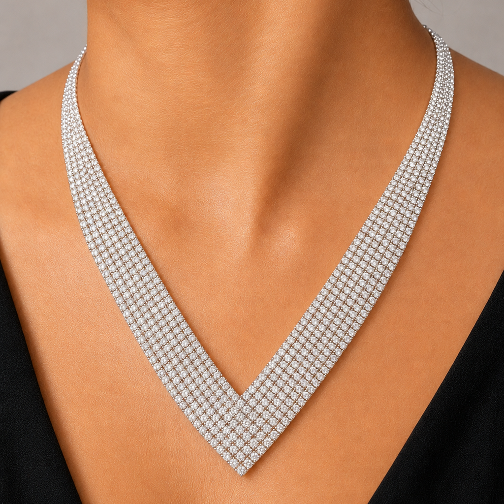 Close-up of a american diamond necklace on a model against a neutral background