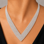 Close-up of a american diamond necklace on a model against a neutral background