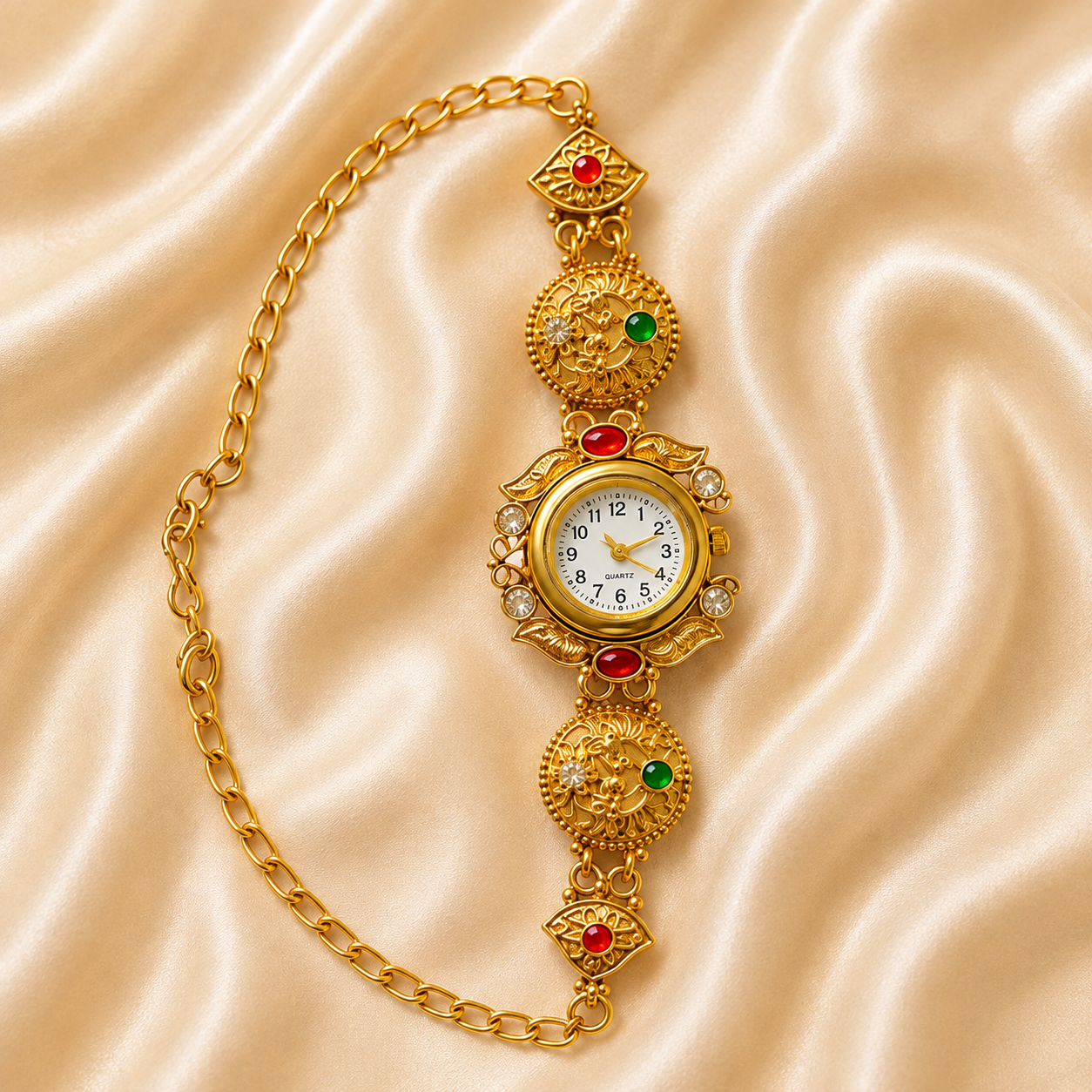 An ornate gold chain watch with decorative filigree details, red and green gemstones, and a round white dial, displayed on a beige satin fabric background.