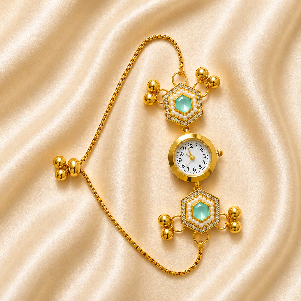 A gold-plated watch with a chain strap, featuring two hexagonal bezels adorned with clear crystals and light green inlays, displayed on a draped beige satin fabric.