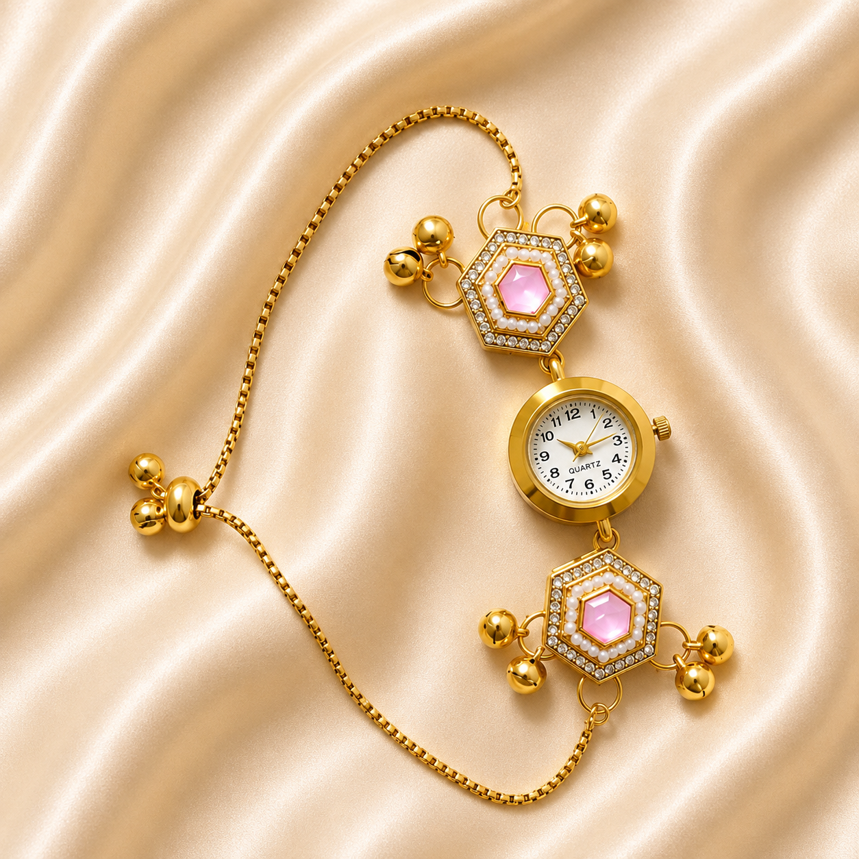 A gold-tone chain watch with two hexagonal pink gemstone bezels, crystal-encrusted edges, and small gold bells, displayed on a draped champagne satin fabric.