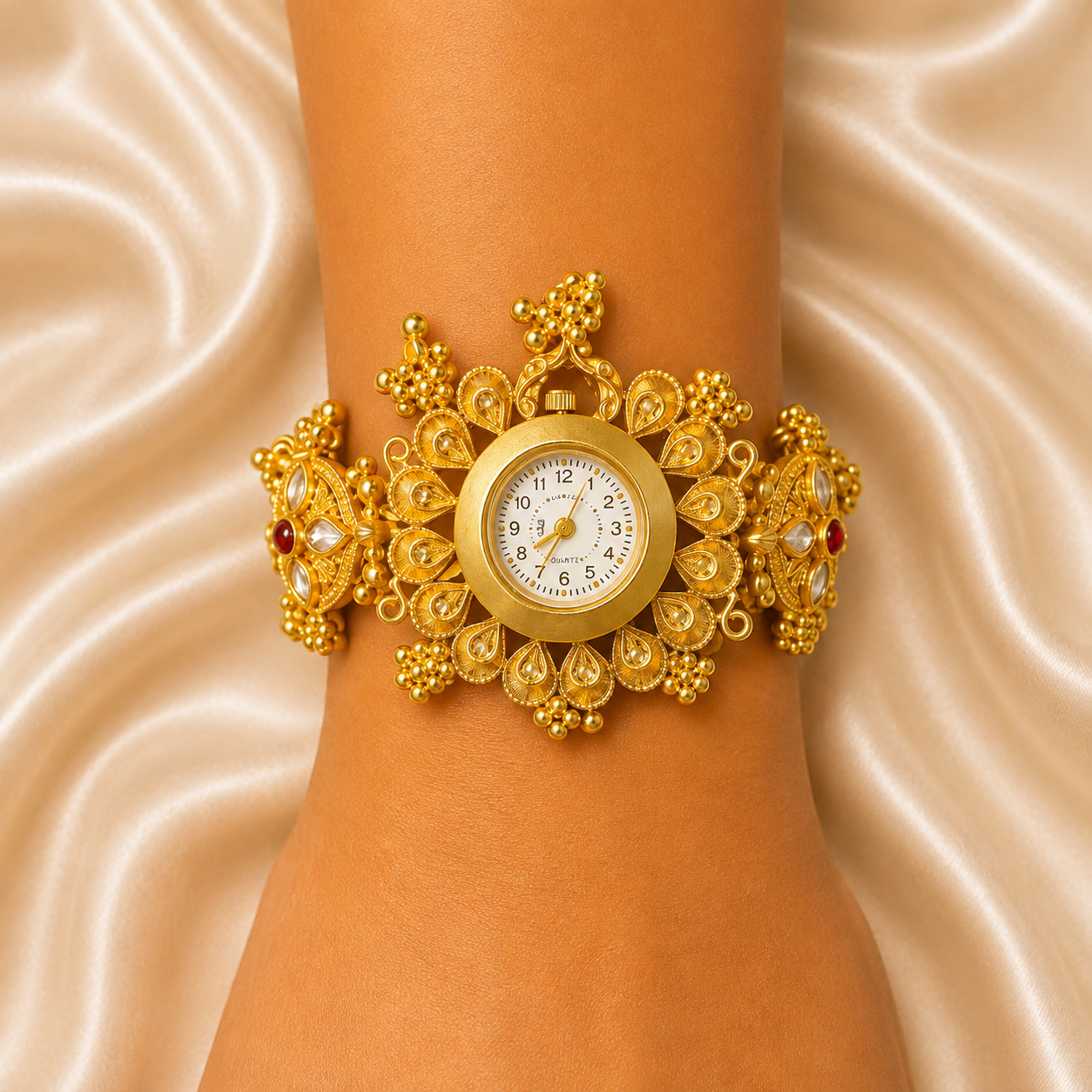 An ornate gold-toned watch with a white dial and decorative filigree details, shown worn on a person's wrist against a satin fabric background.