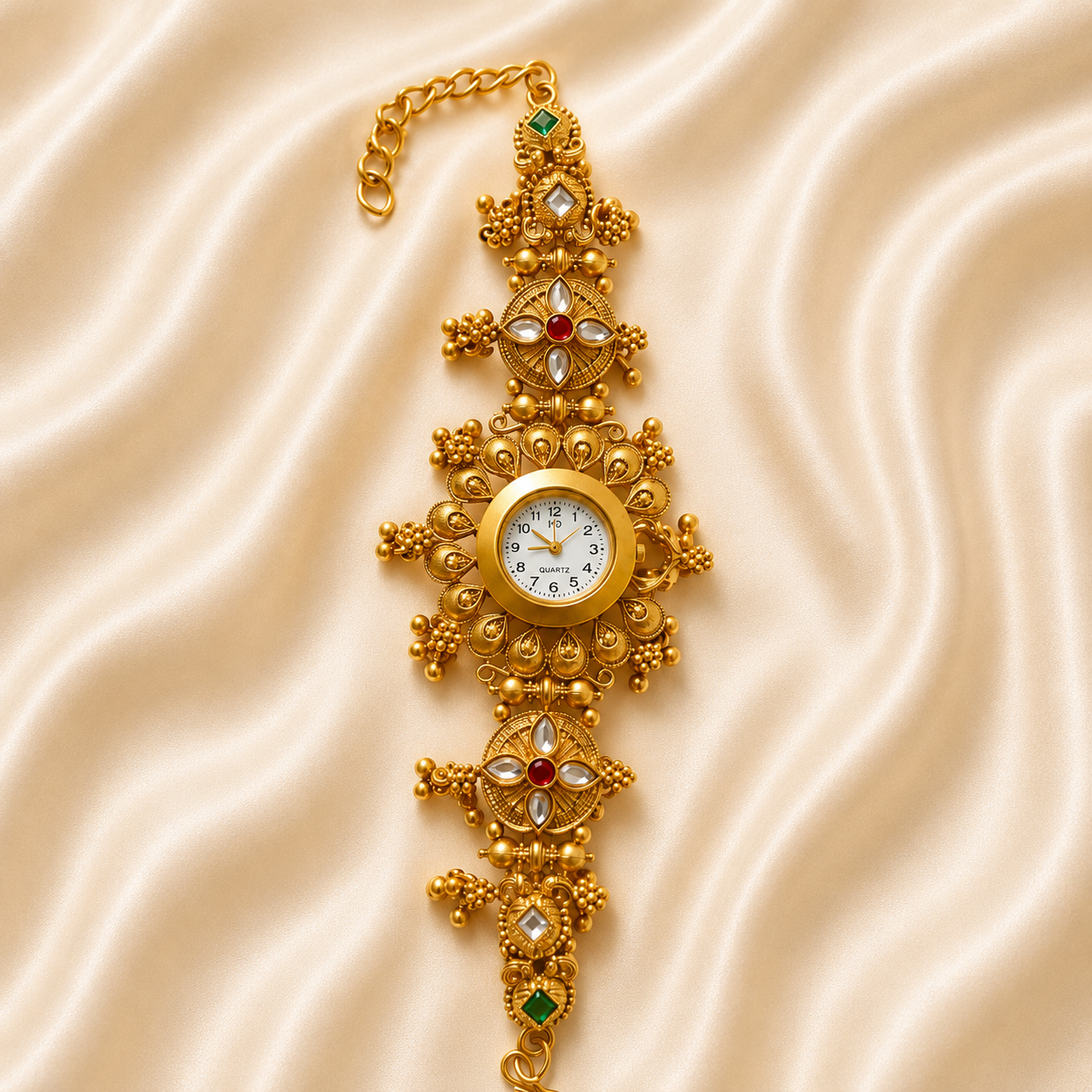 An ornate gold-toned wristwatch with intricate filigree detailing, small green and red gemstone accents, and a white dial, displayed on a beige satin fabric background.