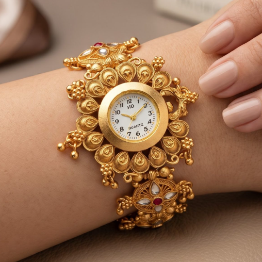 A close-up of a woman's wrist wearing an ornate gold-toned watch with intricate floral and vine detailing, a round white dial, and small red and white stone accents. The background is a soft beige surface with a blurred book in the distance.