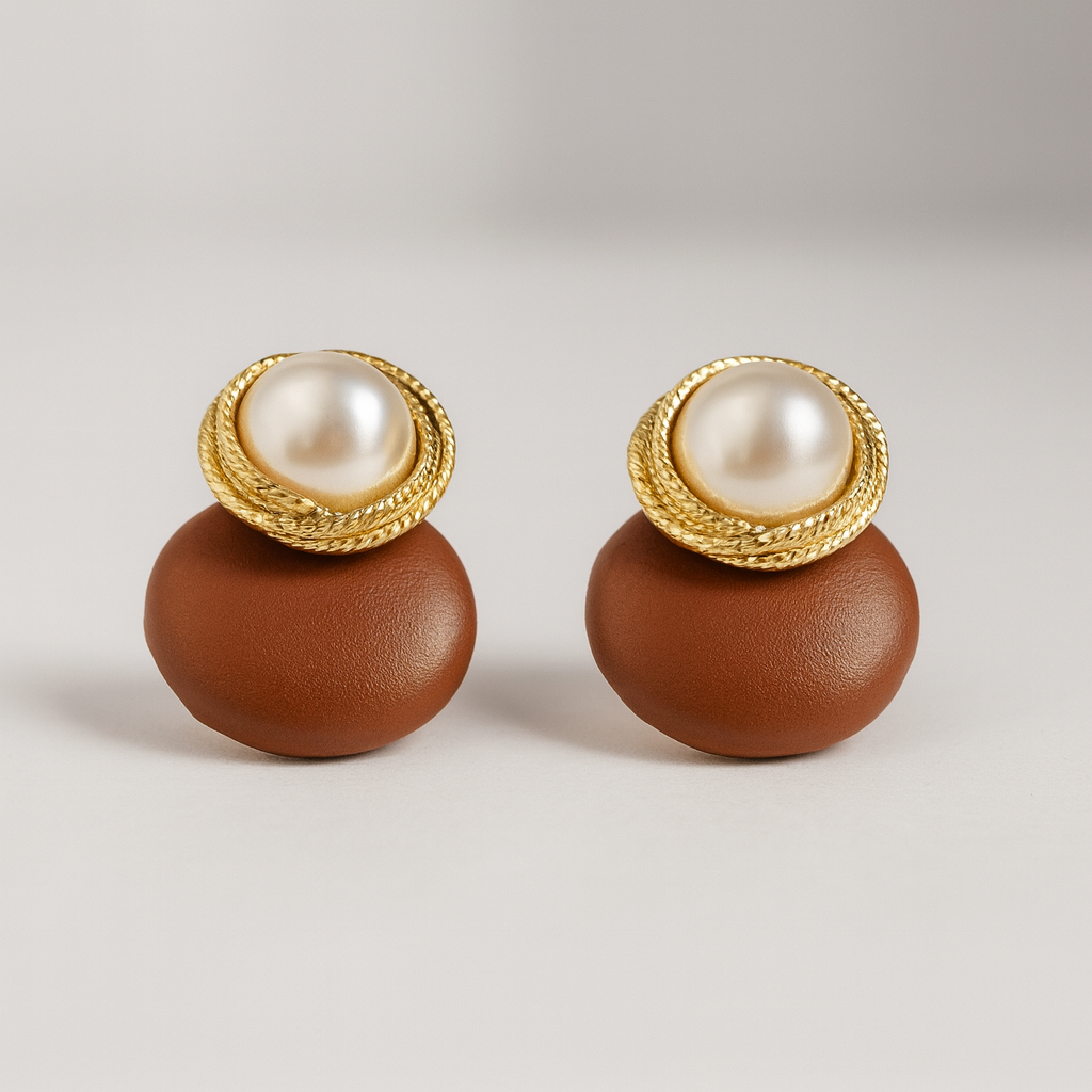 Brown Elegant Pearl & Golden Rope Frame Stud Earrings