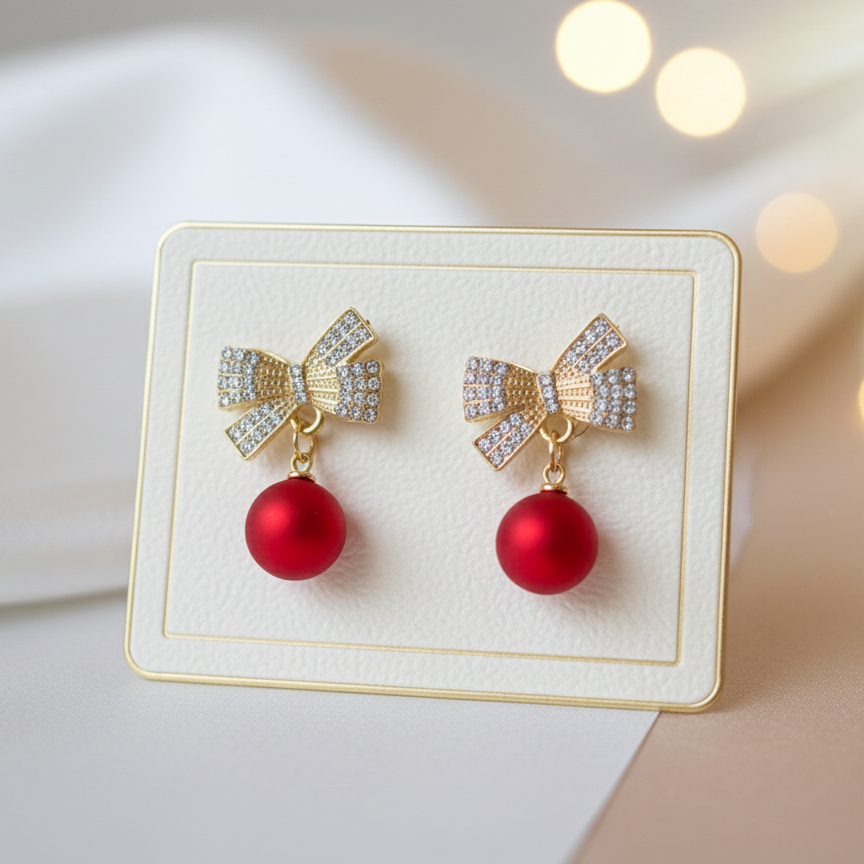 Ruby Bow Pearl Drop Earrings