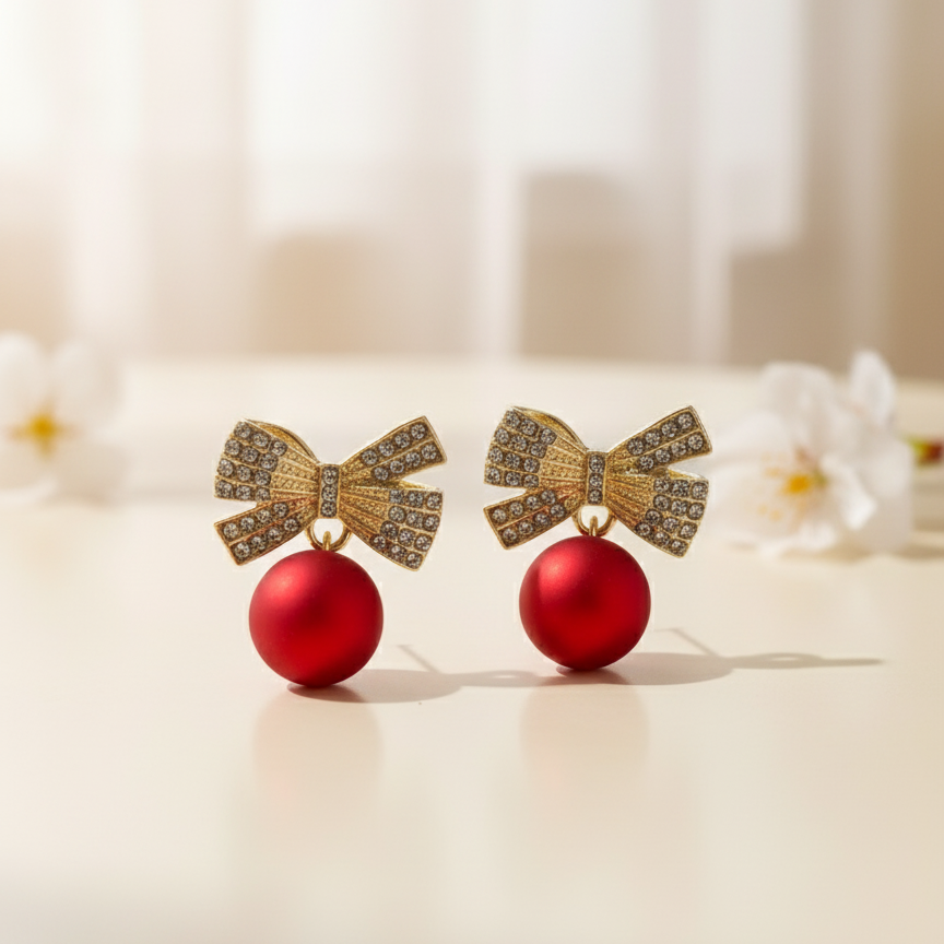 Ruby Bow Pearl Drop Earrings