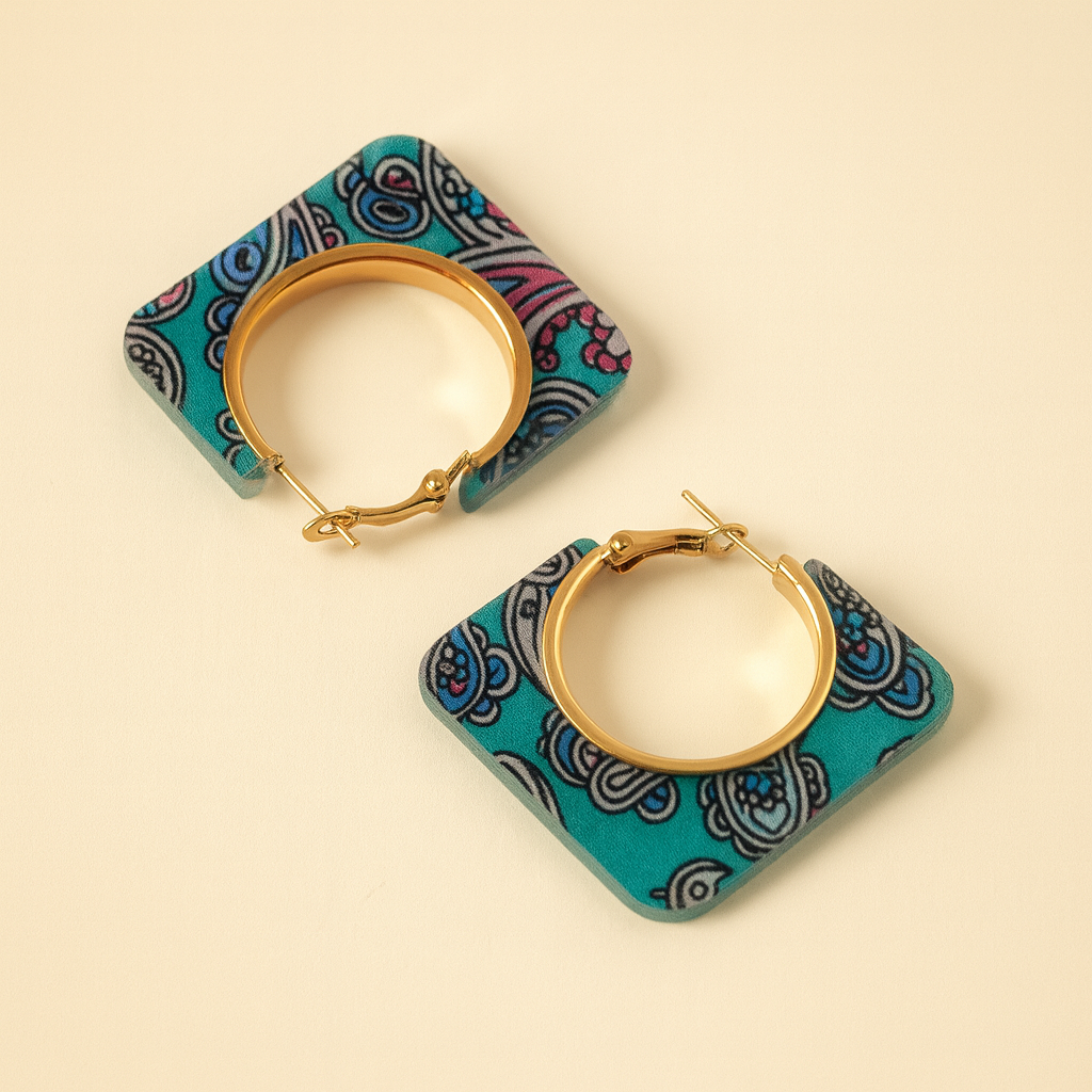 Turquoise Paisley Square Hoop Earrings