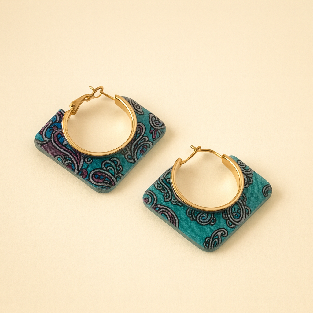 Turquoise Paisley Square Hoop Earrings
