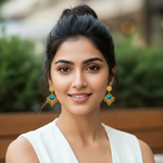 Woman wearing gold earrings with turquoise stones against a blurred natural background