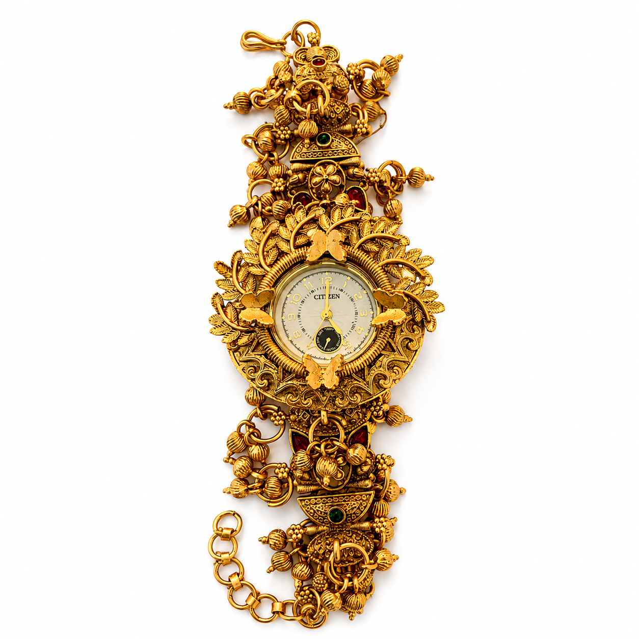 An ornate vintage-style gold watch featuring intricate filigree details, floral motifs, and small bead accents, with a circular dial at the center, photographed against a plain white background.