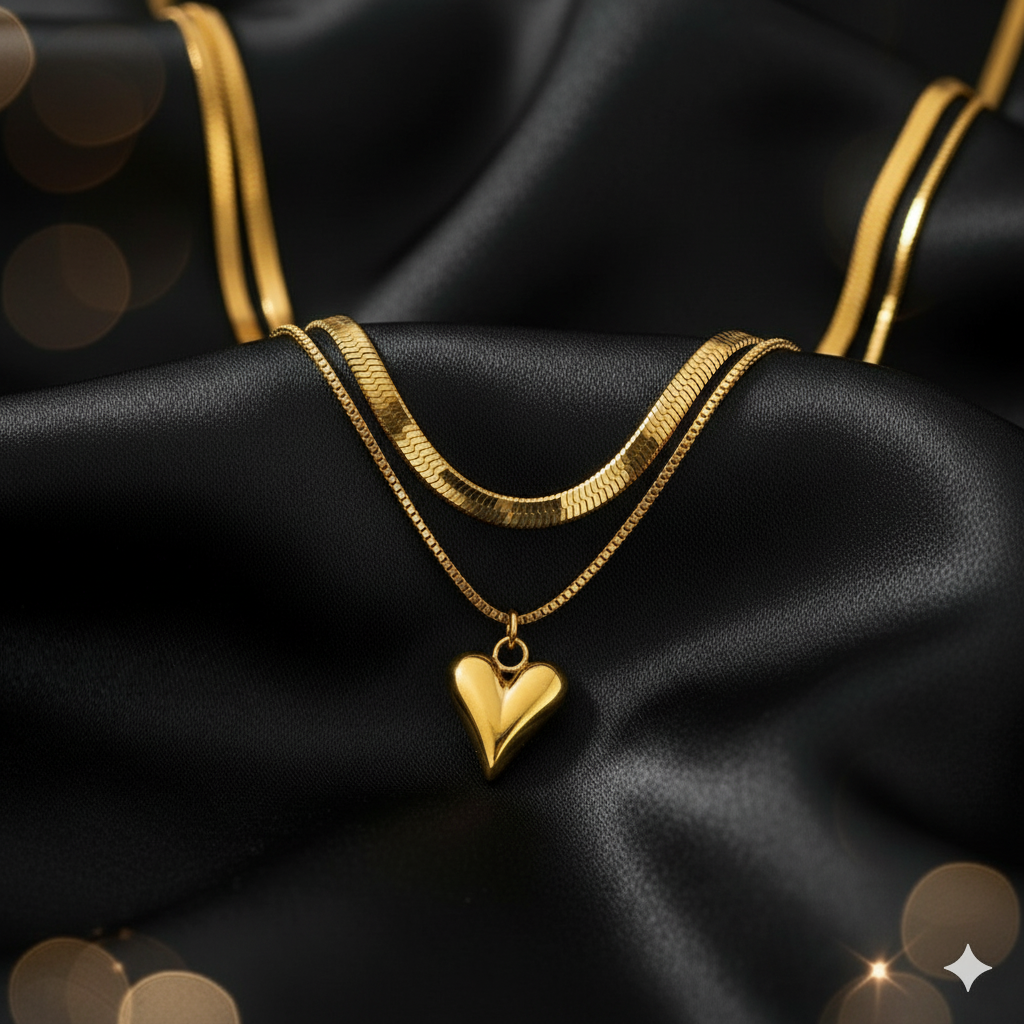 Golden Double Snake Chain Heart Pendant