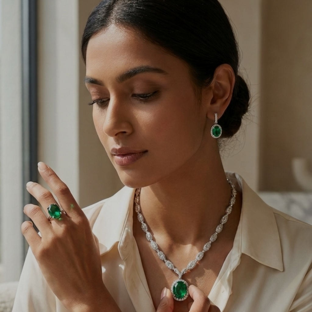 Woman wearing jewelry with text about poise for high-stakes days