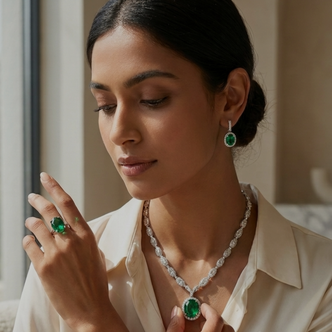 Woman wearing jewelry with text about poise for high-stakes days