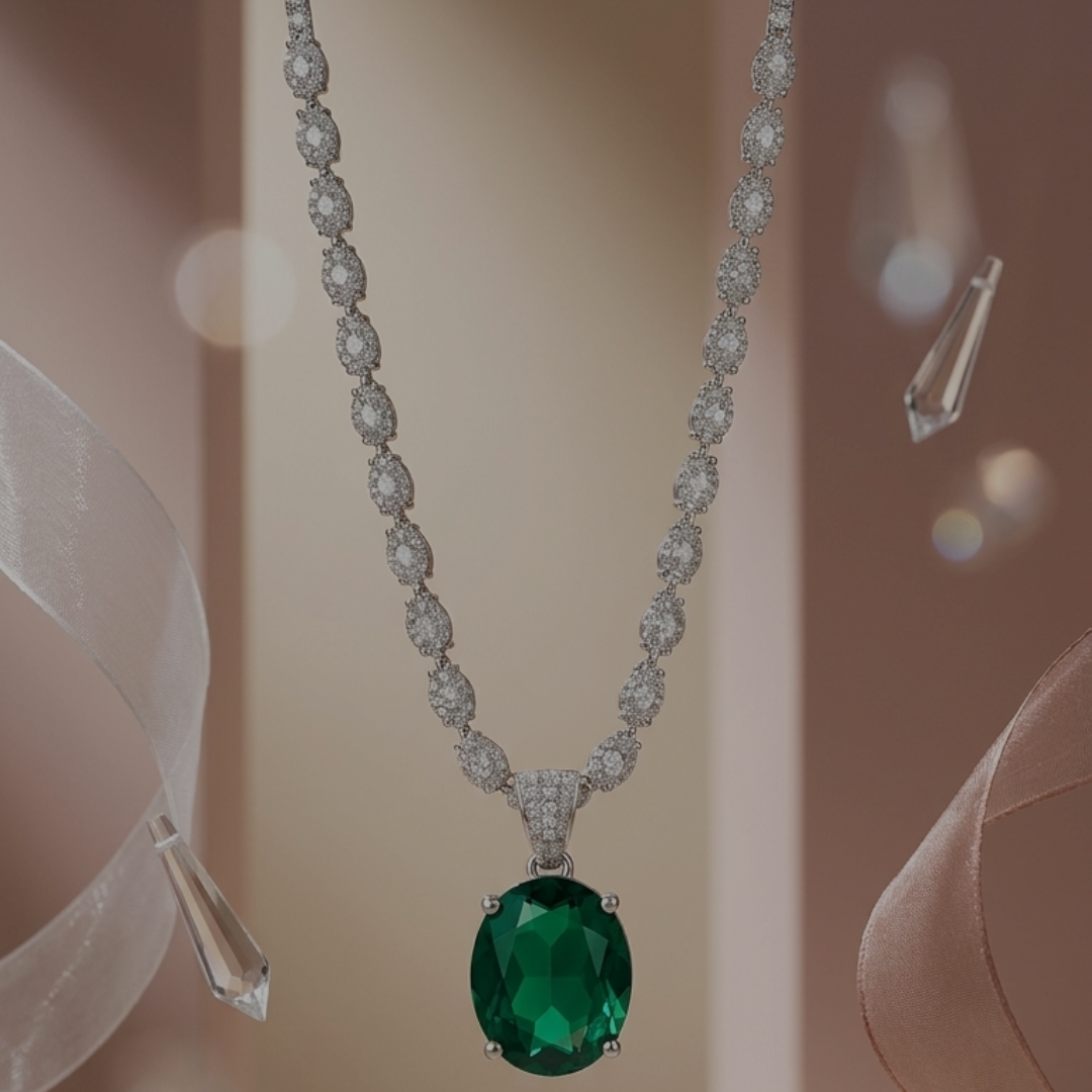 American Diamond necklace with a green gemstone on a blurred background